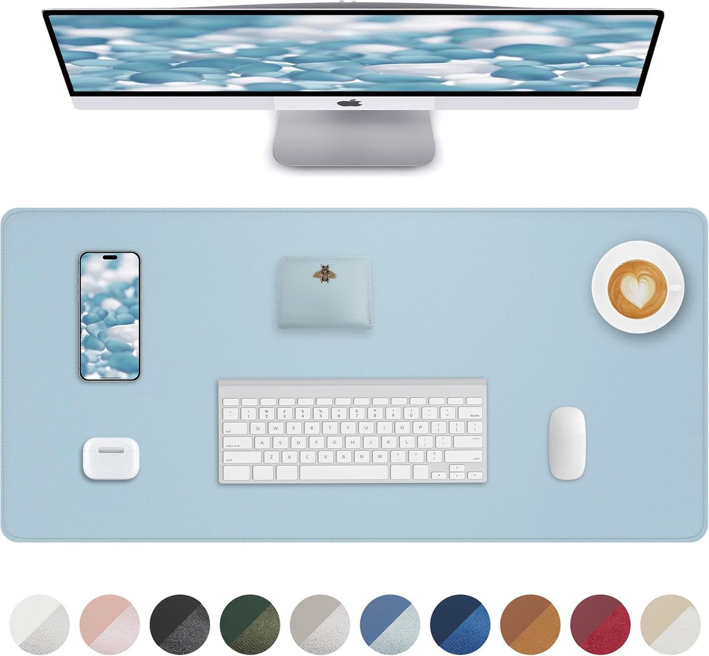 Non-Slip Desk Pad,Mouse Pad,Waterproof PVC Leather Desk Table Protector,Non-Slip PU Leather Desk Blotter, Easy Clean Laptop Desk Writing Mat for Office Work/Home/Decor(Light Blue, 24" x 13.7")