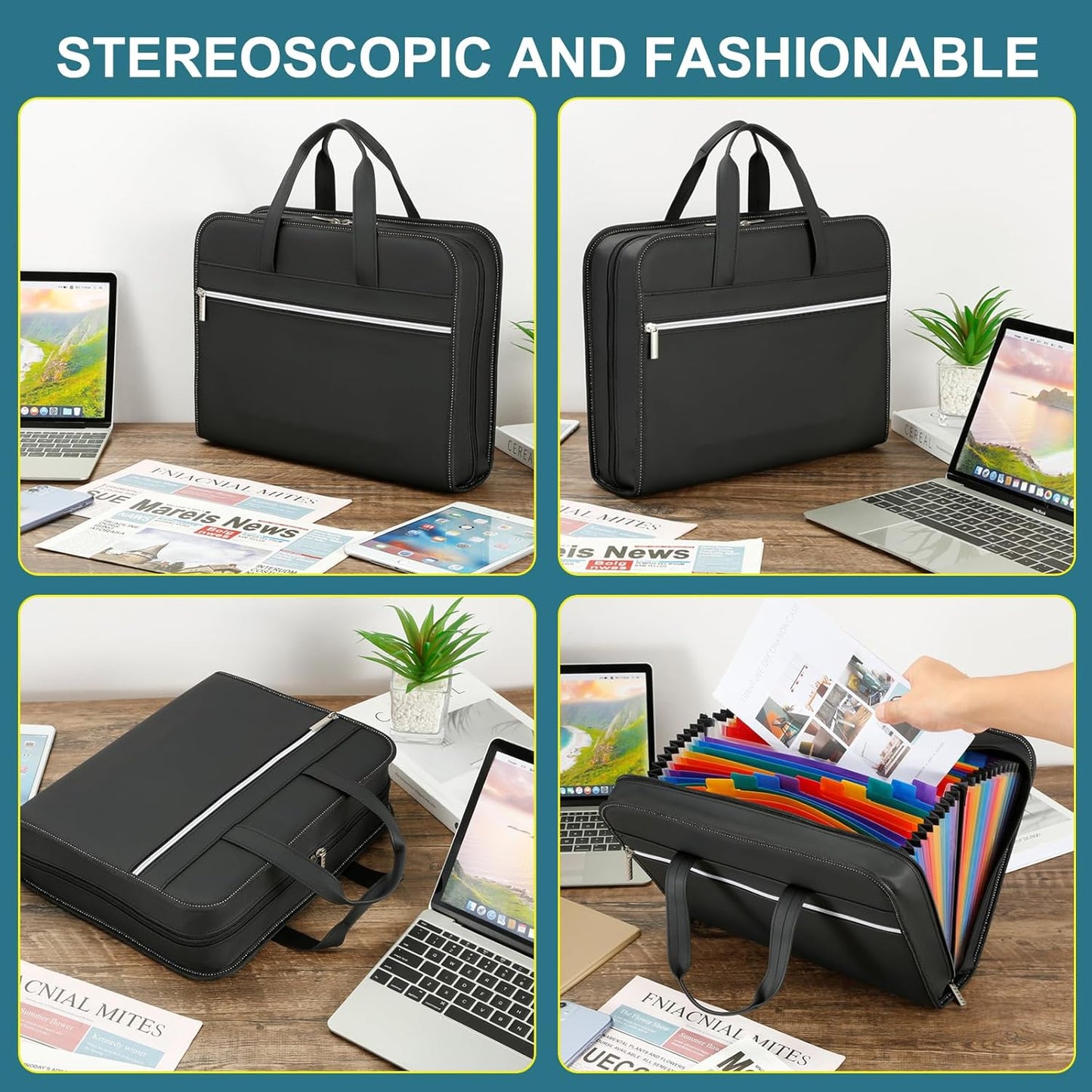 SEEKIND PU Leather Accordian File Organizer 26 Pockets, Expanding File Folder with Handle, Portable Document Organizer Accordion File Keeper for Letter Size / A4 File, for Office, School-Black