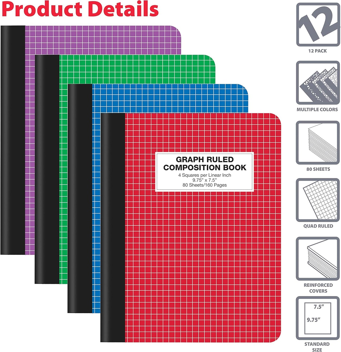 Better Office Products Quad Ruled Composition Book Notebook, 12 Pack, Hardcover 4x4 Graph Ruled Paper, 80 Sheets, 9.75" x 7.5", Assorted Color Covers, 12 Pack