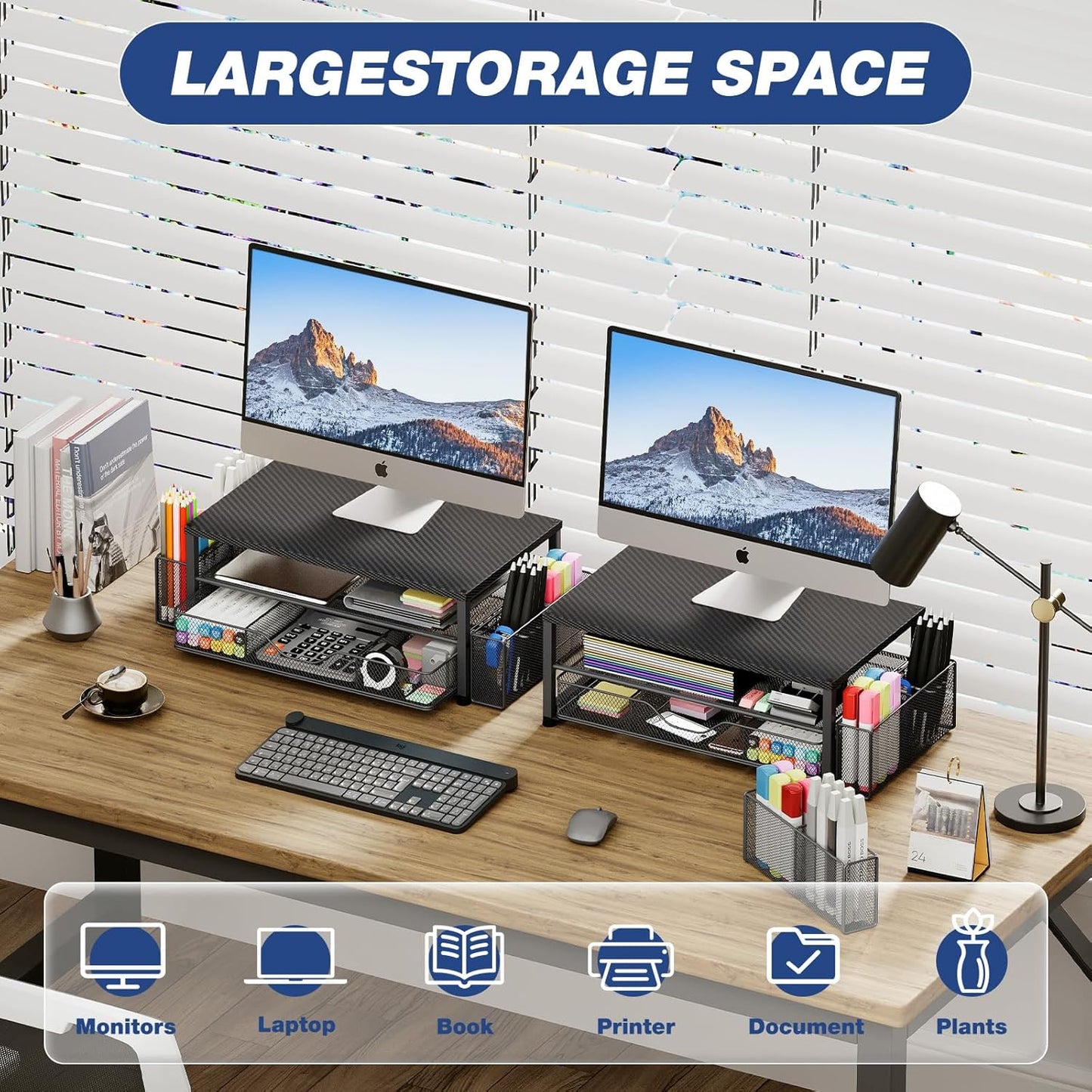 Desk Organizer and Accessories, 2-Tier Computer Monitor Stand with Drawer and 2 Pen Holders, Laptop Stand, Office Desk Accessories for Office Supplies, Carbon Fiber