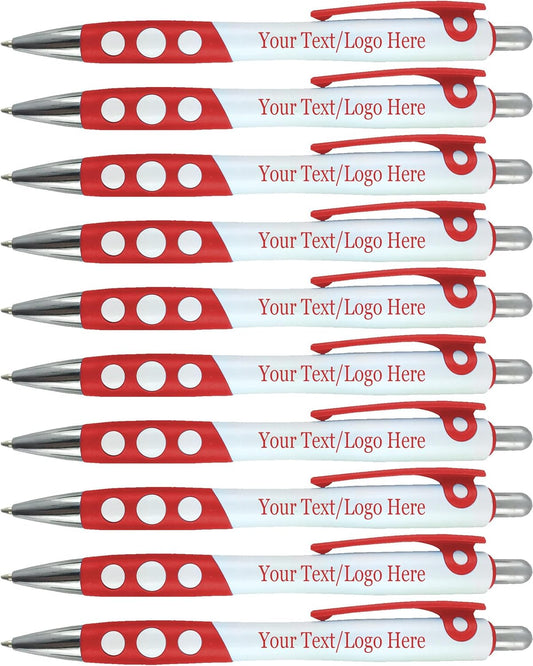 SyPen Personalized Ballpoint Pens With Custom Logo/Text-350 Pack Bulk-for Businesses, Parties, & Events, Custom Printed, White Barrel with Matching Colored Clip and Grip, Click Pens, Black Ink, Red