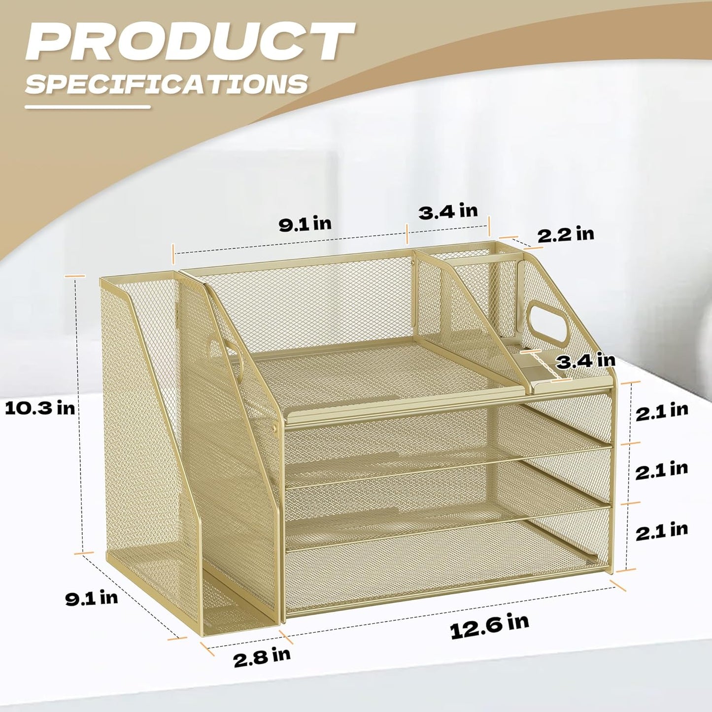 DocNest 4 Tier Paper Letter Tray File Organizer, Mesh Desk File with Handle, Workspace Desk Organizers with Pen Holder, Office Organization Storage Accessories - Gold Yellow