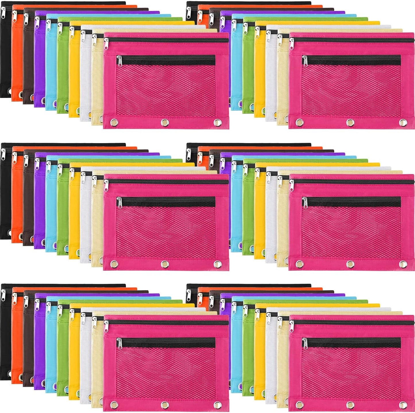 60 Pack Pencil Pouch 3 Ring Zipper Pencil Pouches Case Binder Cosmetic Bag 420d PVC Clear Film Pencil Case Kawaii Office Supplies Double Zip Zipper Pouch (Multi Color)