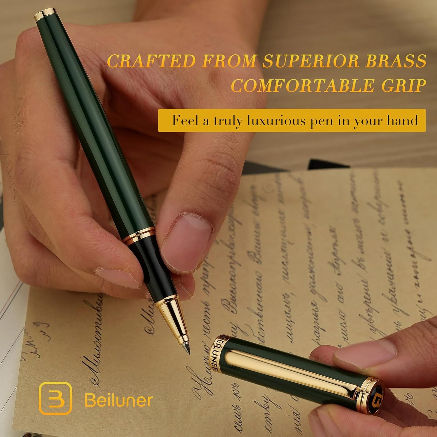 BEILUNER Luxury Rollerball Pen, Stunning Green Lacquer with 24K Gold Trim,Noble and Elegant Designs,Schneider Ink Refill, Best Gift Set for Men & Women, Refillable, Executive Writing, Nice Pens