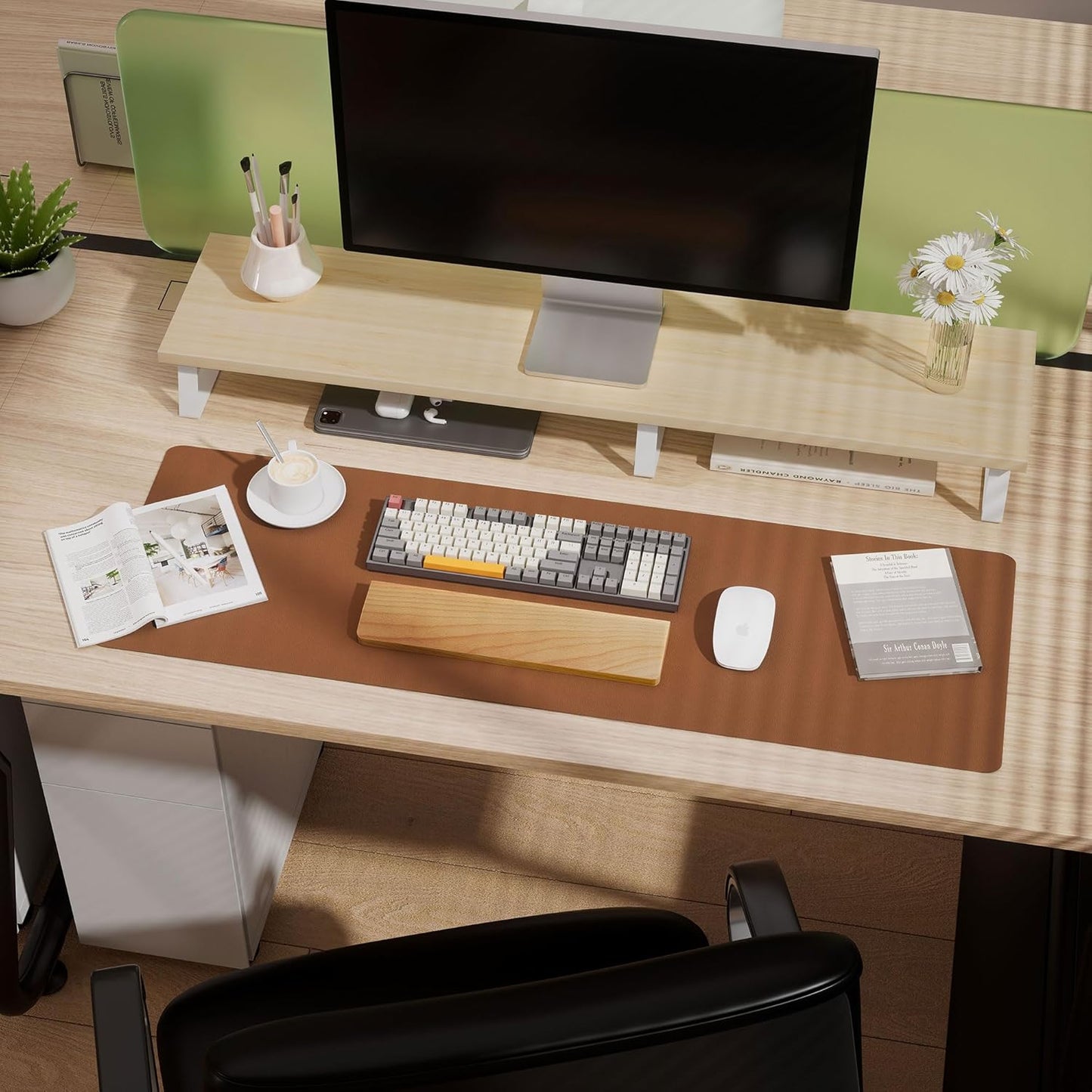 Aothia Leather Desk Pad Protector - Large Mouse Pad, Office Mat, Non-Slip PU Leather Blotter, Laptop Desk Pad, Waterproof Writing Pad for Office and Home (Brown, 38" x 13.7")