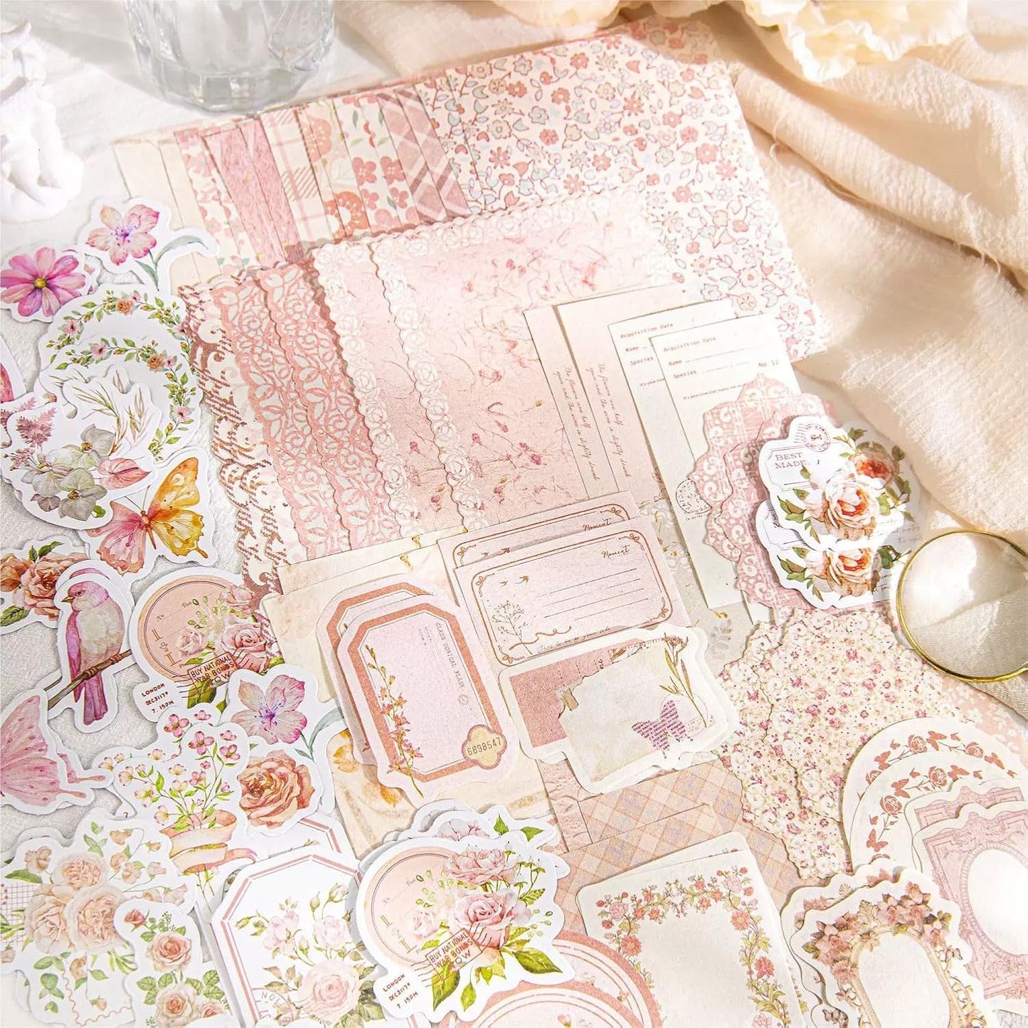 Doraking 100pcs Vintage Floral Scrapbook Paper Journaling Stickers Assorted Set, Material Paper Memo Junk Journal Supplies for Bullet Journaling Retro Crafts Planner Collage Card Album