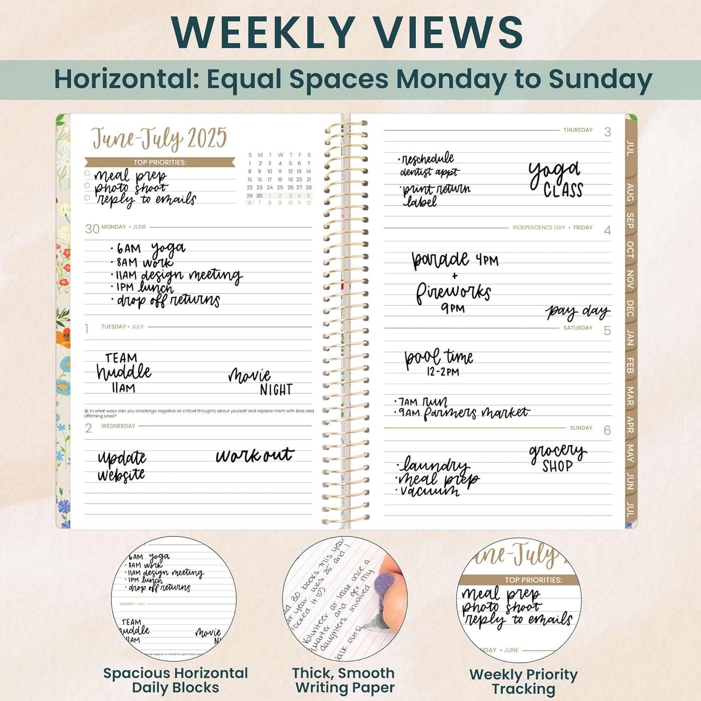 bloom daily planners 2025-2026 Academic Year Daily Planner (July 2025 - July 2026) - A5 Weekly & Monthly Calendar, Cute Floral Agenda Organizer Book with Stickers - 5.5" x 8.25" - Garden Party, Beige