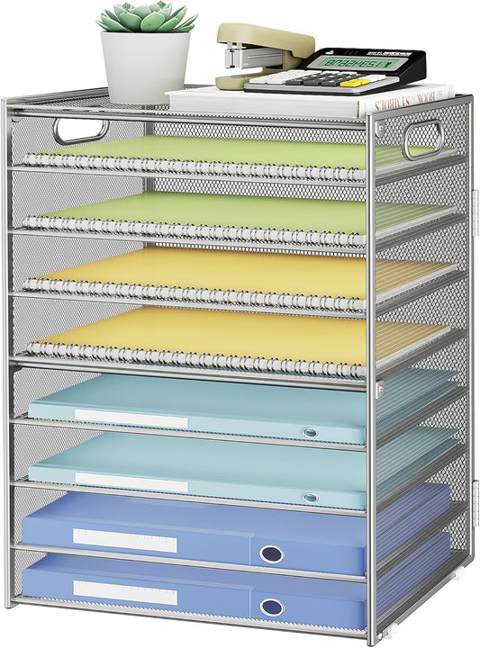 SUBEKYU 9 Tier Paper Organizer for Desk - Metal Mesh Letter Tray File Paper Sorter Organizer Include 6 Pcs Adjustable Height Slid Tray with Handles for Office School Home Organization Storage, Silver