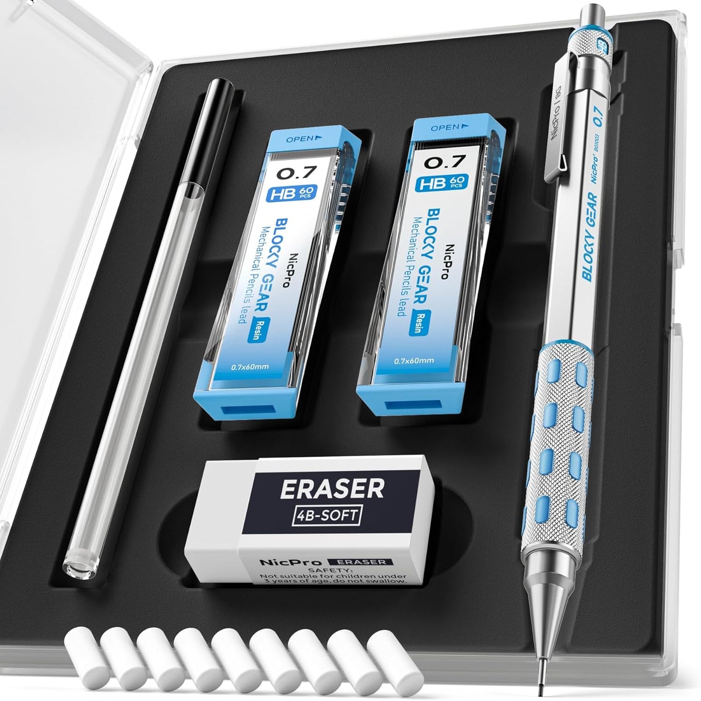 Nicpro Blocky Gear 0.7 mm Mechanical Pencils Set in Case, Metal Pencil with Lead Refills, Eraser for Professional & Adult Art Writing Drafting Drawing