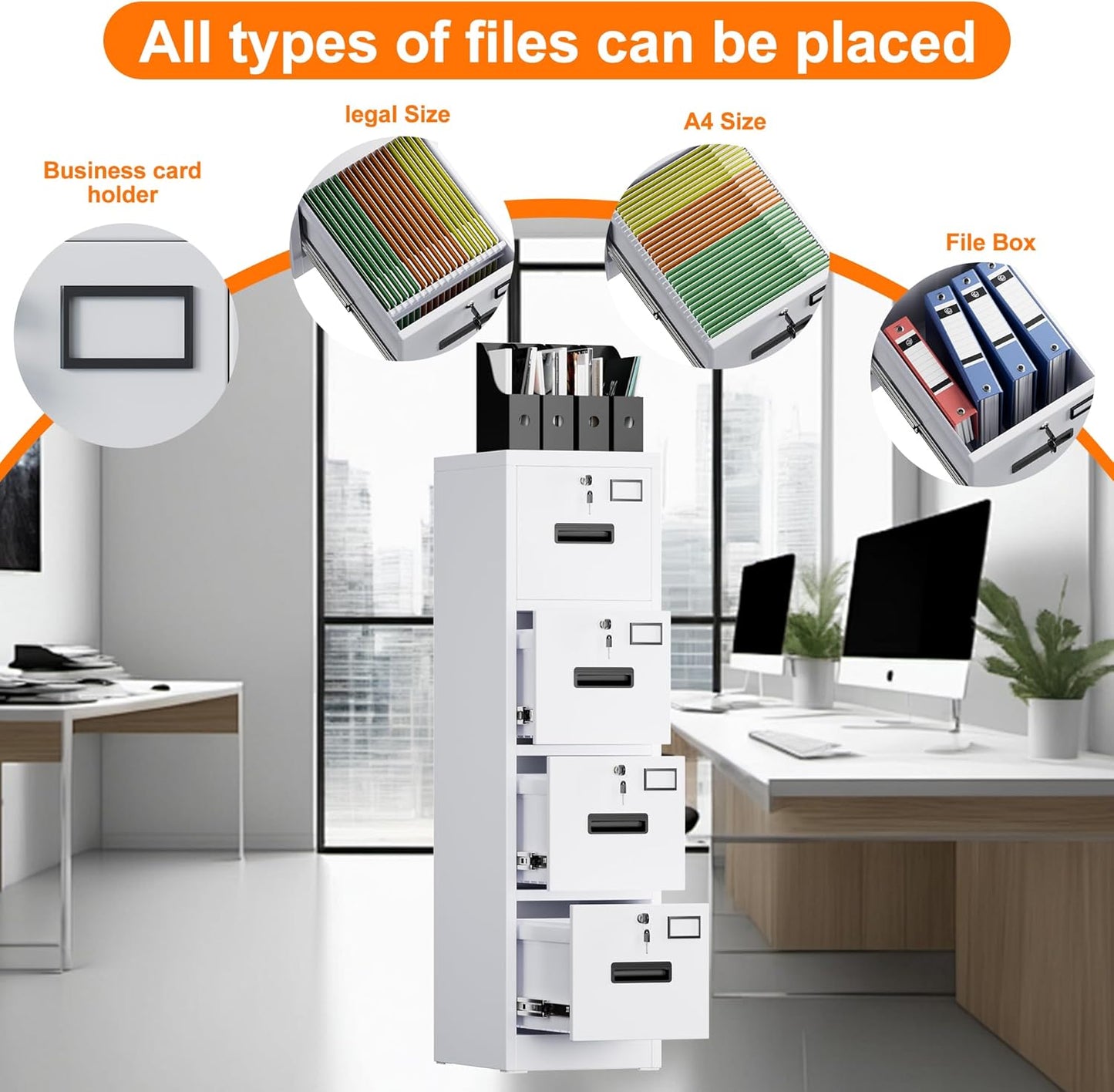 4 Drawer File Cabinet with 4 Independent Locks, Metal Vertical Filing Storage Cabinet for Home Office with Card Holder for Letter/Legal/A4 Folders, Assembly Required, 4 Drawers, White