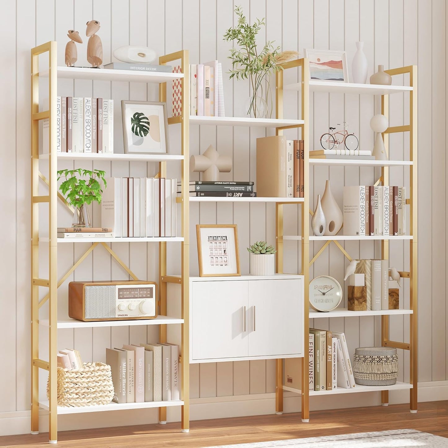 Yusong Bookshelf Triple Wide 5 Tier Bookcases with Storage Cabinet, Industrial Large Modern Tall Bookshelves with 12 Open Display Shelves for Living Room Office Bedroom, White and Gold