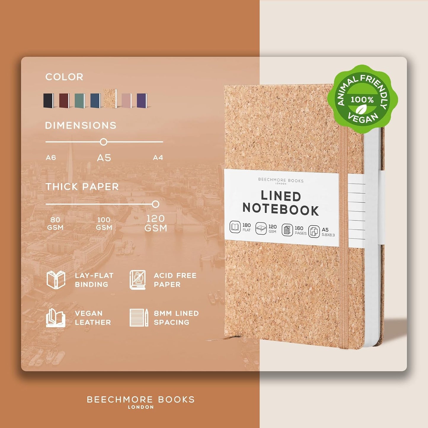 BEECHMORE BOOKS Lined Journal Notebook, 5.8 x 8.3 inch, A5 160 Lined Pages, Hardcover Leather Journals for Women, Men, Writing and Notebooks for Work - 120 GSM Thick Paper, Gifts Box Included