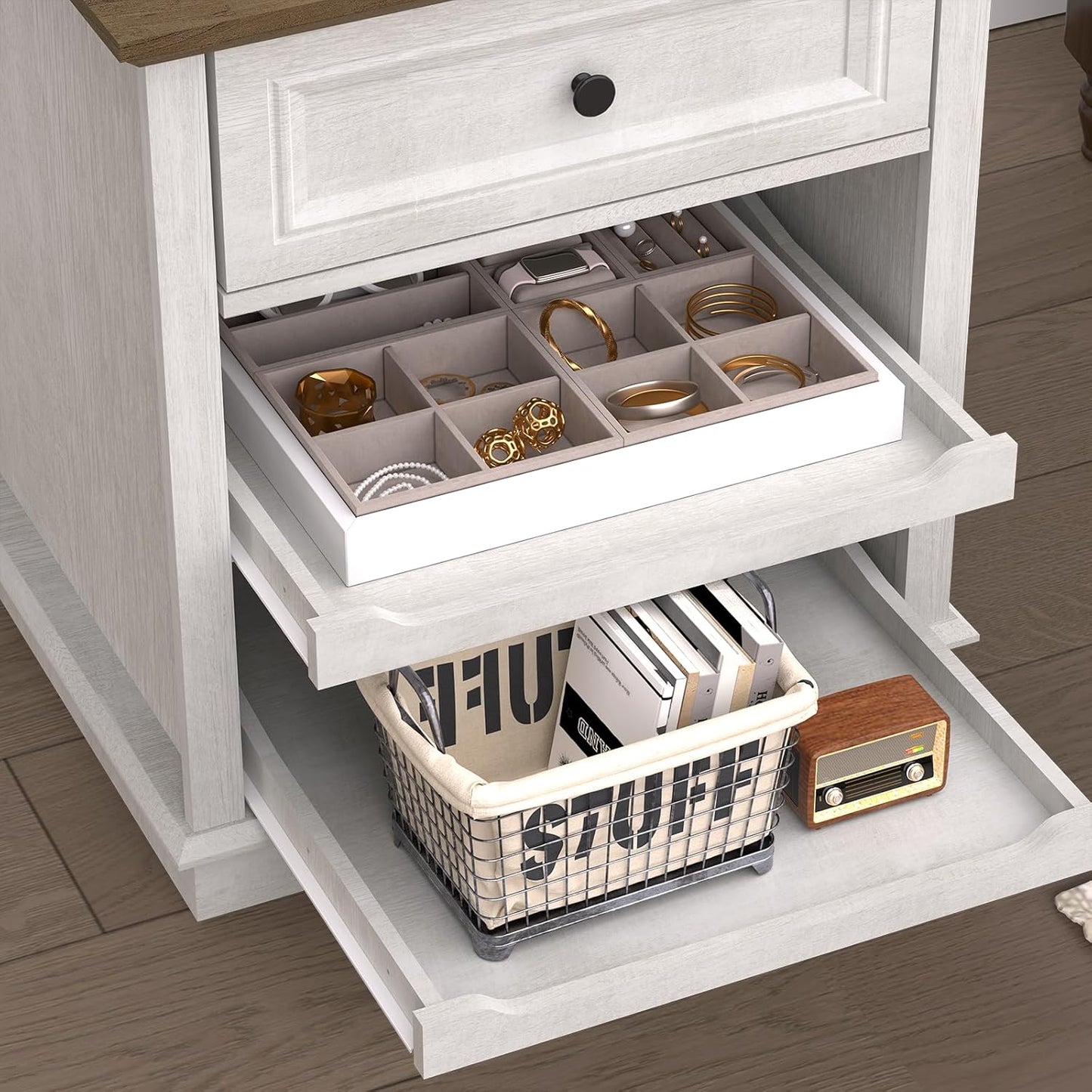 Lateral File Cabinet 3 Drawer File Cabinet with Charging Station, Printer Stand with Open Adjustable Storage Shelves, Lateral Filing Cabinet for Home Office, White