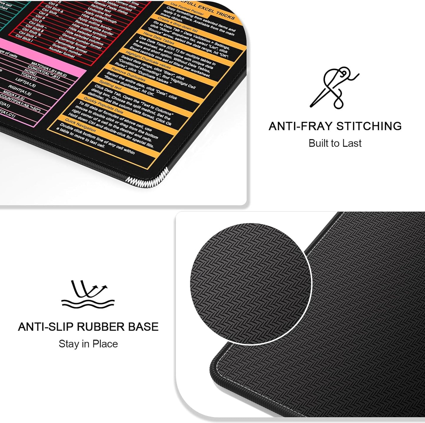 Auhoahsil Large Mouse Pad, XXL Gaming Mousepad, Desk Mat for Desktop, Thick Rubber, Big & Long Size, Stitched Edges, Full Desk Pad for Laptop & Computer, Extended 31.5 x 11.8 in, Excel Shortcut Keys