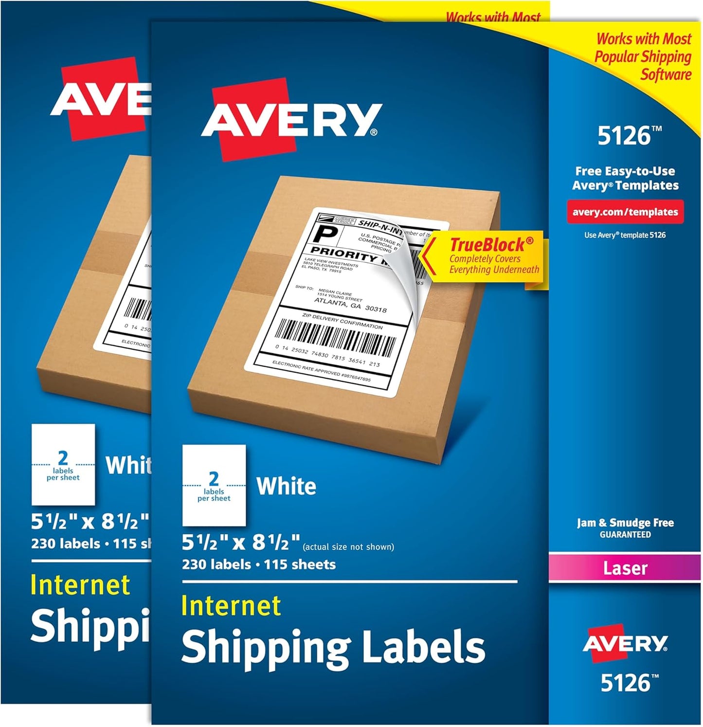 Avery Half-Sheet Printable Shipping Labels, 5.5" x 8.5" Customizable Stickers, White, 400 Blank Mailing Labels, Great for Mailing, Shipping, Organizing, and More (21526)