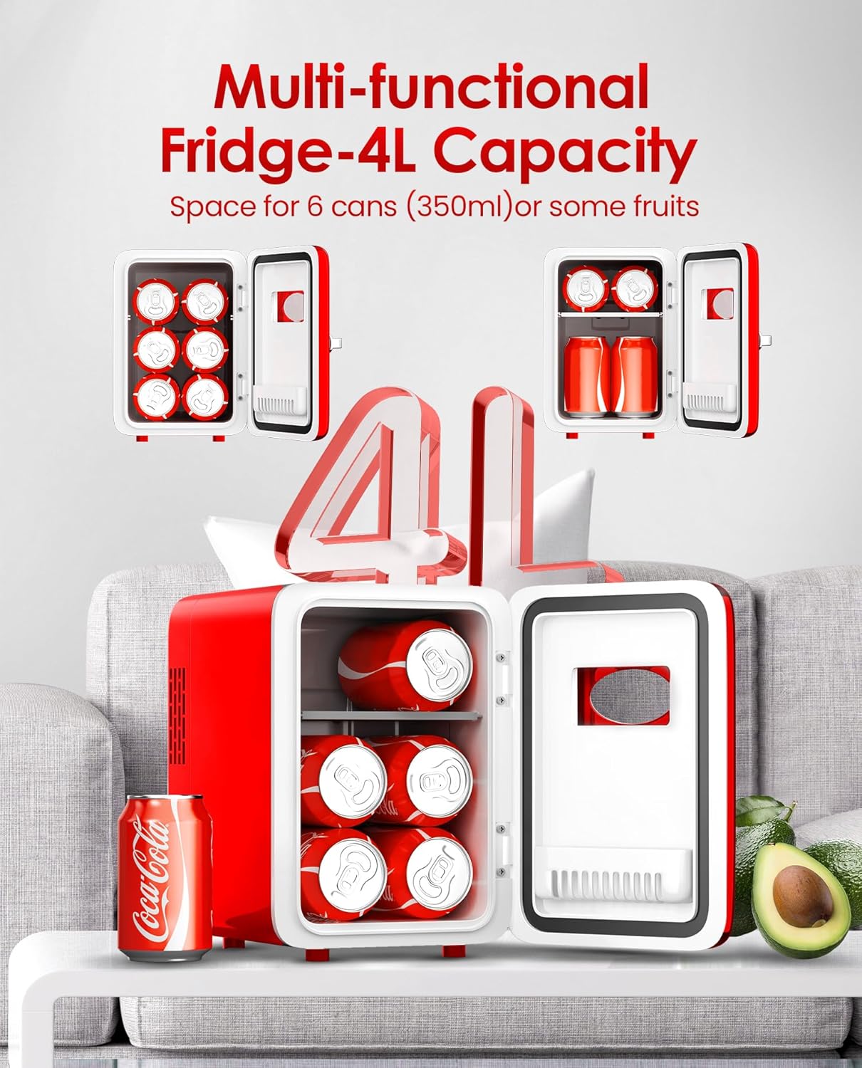 Skincare Fridge - 4L Mini Fridge for Bedroom, Office and Car, for Refrigerating Makeup, Skincare and Food, Cooler and Warmer, Beverage Cooler, Red