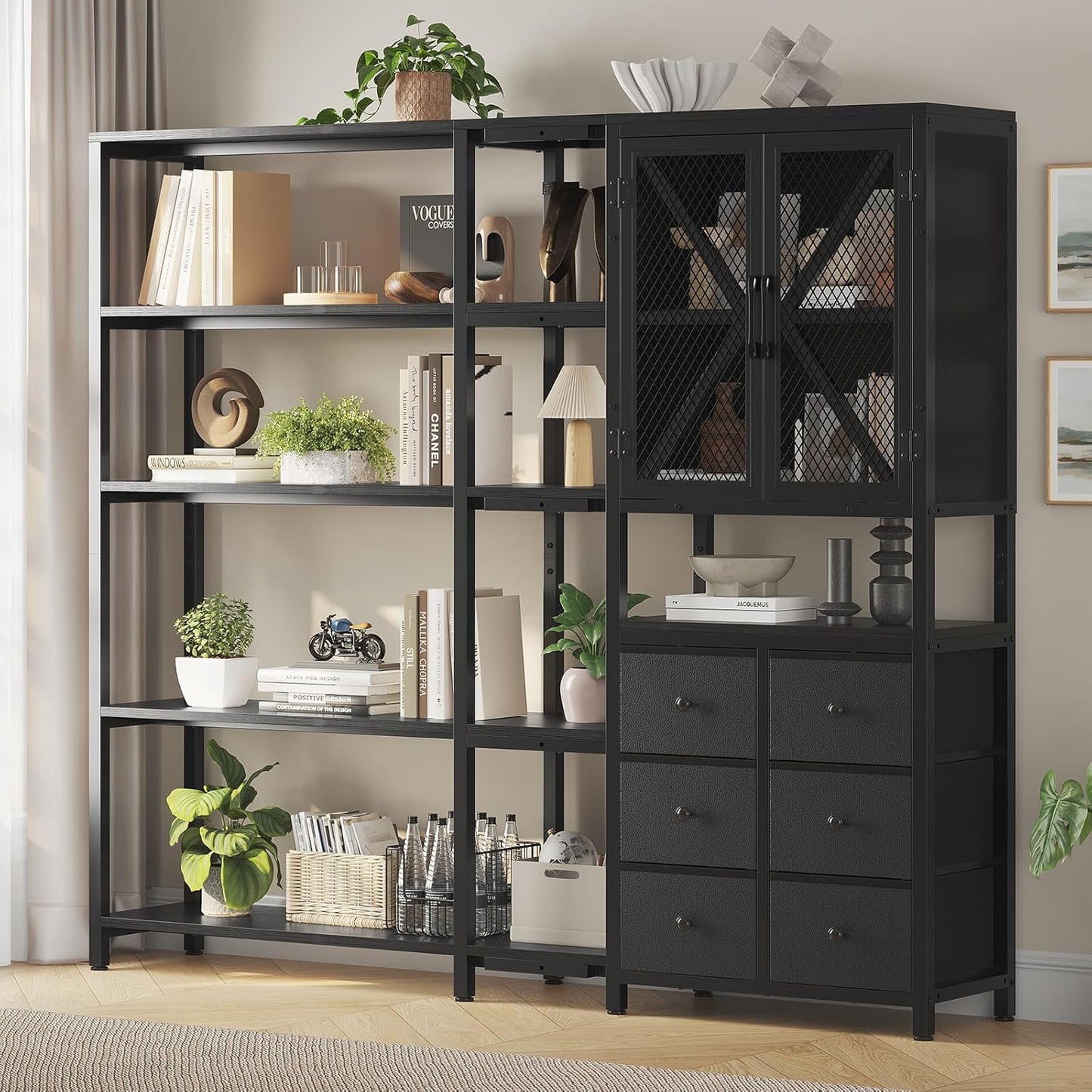 Corner Bookshelf, 5 Tier Industrial Convertible Bookshelf with 6 Fabric Drawers, Corner Bookcase Large L Shaped Storage Display Shelf for Home Office, Living Room, Kitchen, Black