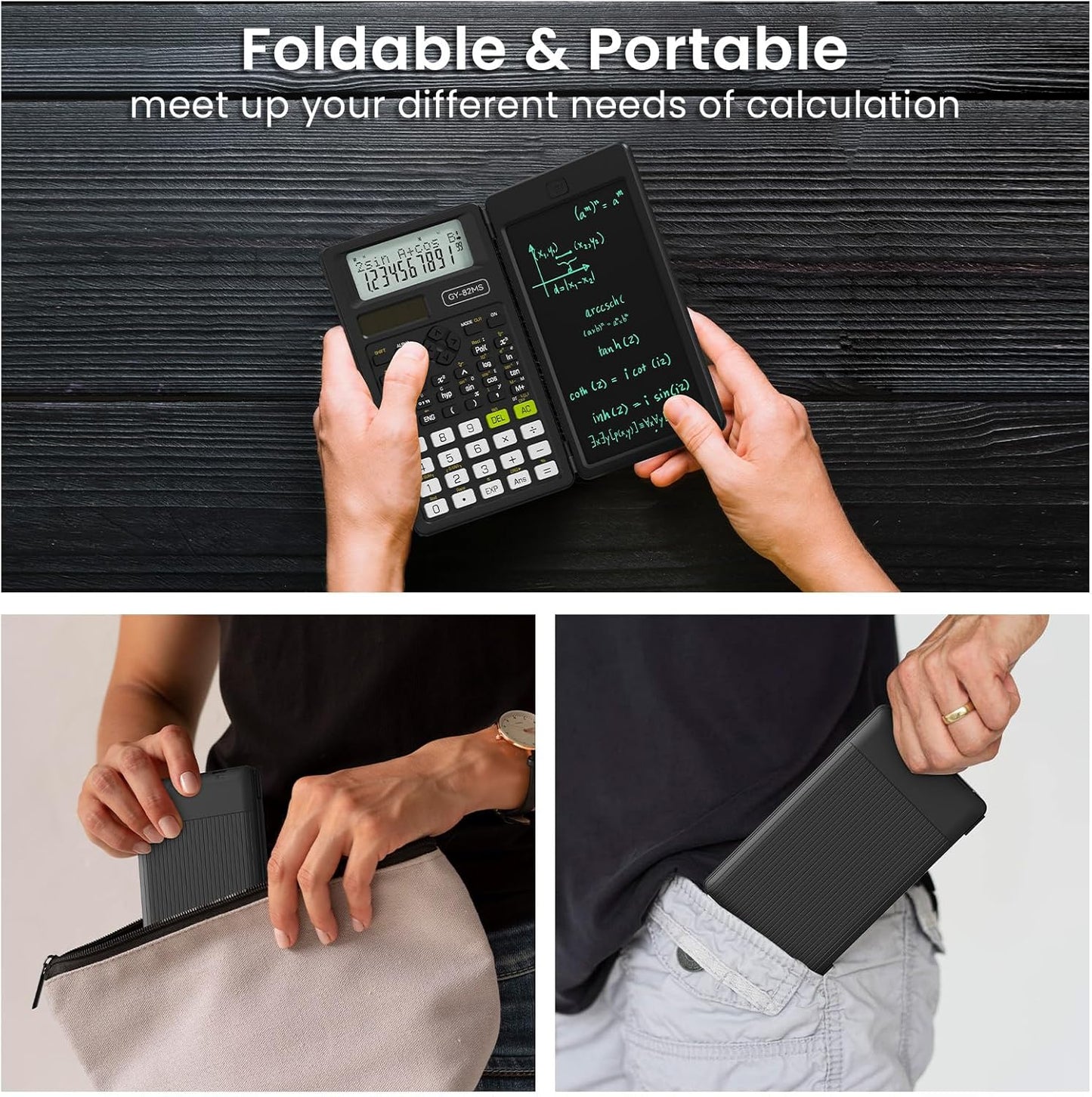 Scientific Calculators for School with Notepad, ROATEE Middle and High School Supplies for Student, 82 MS Foldable 2-Line Display Science Calculator with Writing Tablet, Solar and Battery Power Black