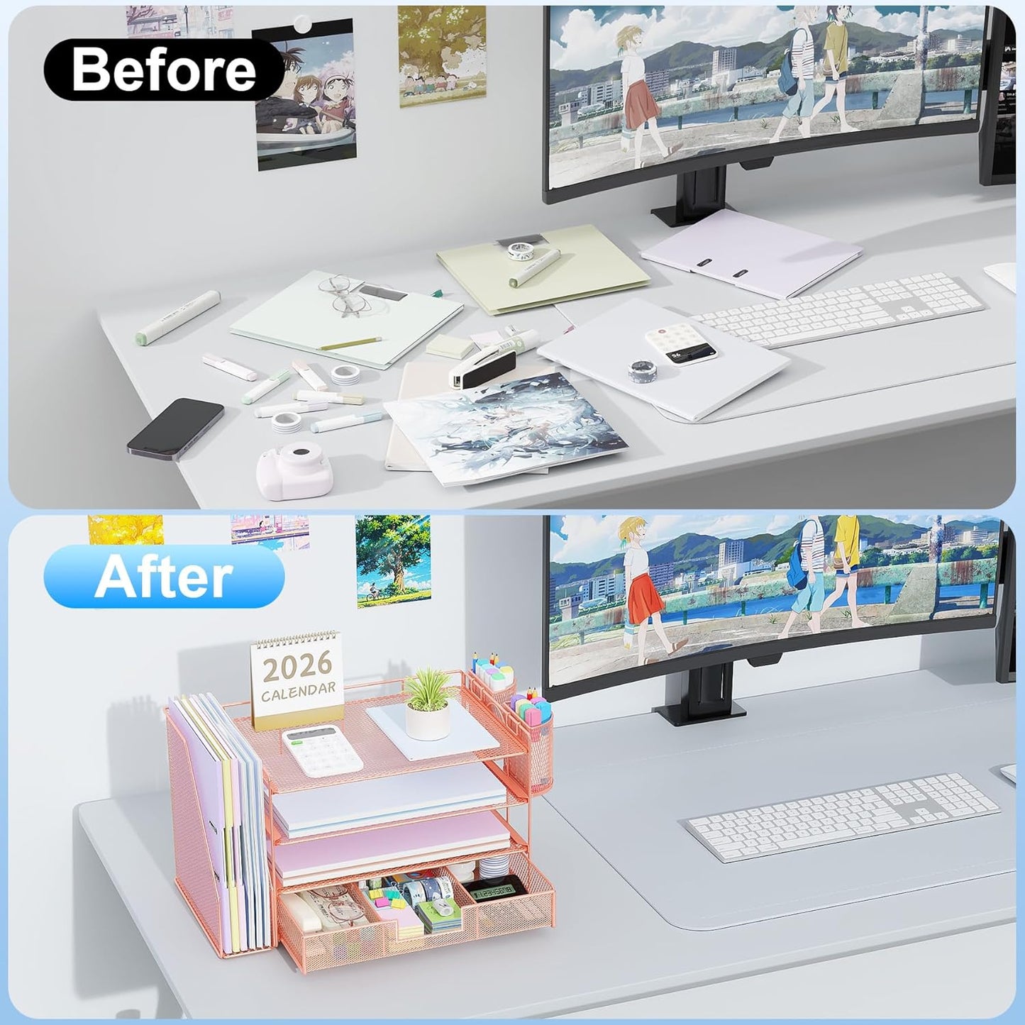 gianotter Desk Organizers and Accessories with File Holder, 4-Tier Desk Accessories & Workspace Organizers with Drawer and 2 Pen Holder, Paper Organizer for Office Supplies (Rose Gold)