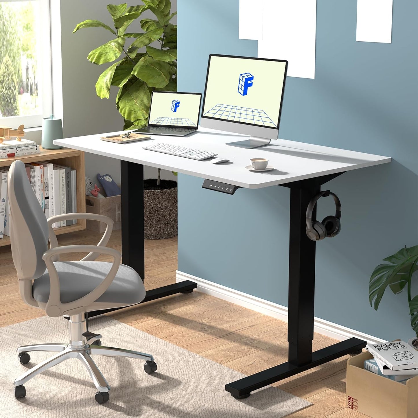 FLEXISPOT EN1 Whole-Piece Standing Desk 48 x 24 Inches Height Adjustable Electric Desk Sit Stand Desk Home Office Desks (Black Frame + White Table Top, 2 Packages)