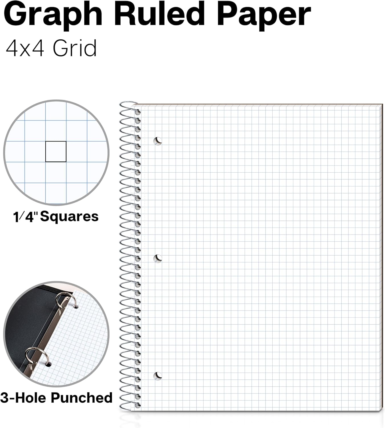 Dunwell Graph Paper Notebook 8.5 x 11 (3-Pack Red Blue Black) Plastic Cover, 100 Sheets (200 Pages), Perforated 3-Hole Punched, 4x4 Squares, Spiral Notebook, 1/4" Grid, Divider with Pockets