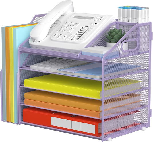 DocNest 5 Tier Paper Letter Tray File Organizer, Mesh Desk File with Handle, Workspace Desk Organizers with Pen Holder, Office Organization Storage Accessories - Purple