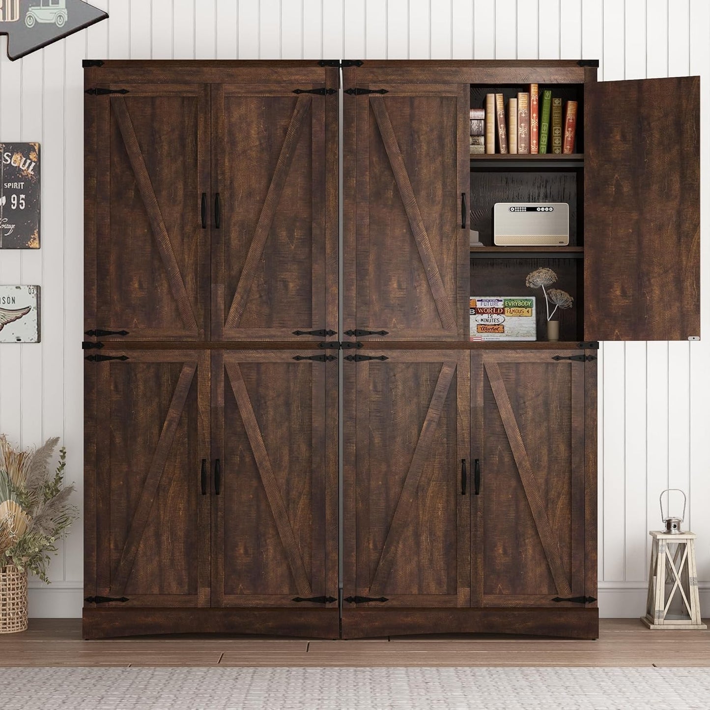 71in Farmhouse Kitchen Pantry Cabinet,Tall Storage Cabinet with 4 Doors and Adjustable shelves,with Load-Bearing Steel Pipe,Wood Storage Cabinets for Kitchen,Dining Room,Bathroom(Brown)