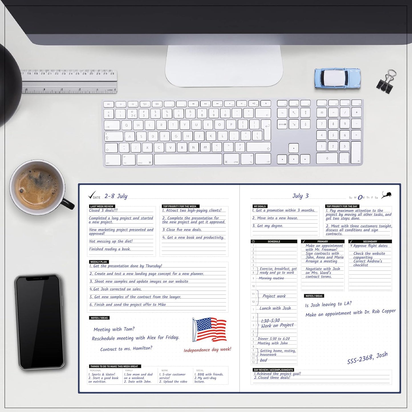 Day Planner - Professional Goal Planner, Calendar & Gratitude Journal to Increase Productivity, Time Management & Happiness - Vegan Leather Softcover, 24 Hourly Planner, Undated 6 Months Work Planner