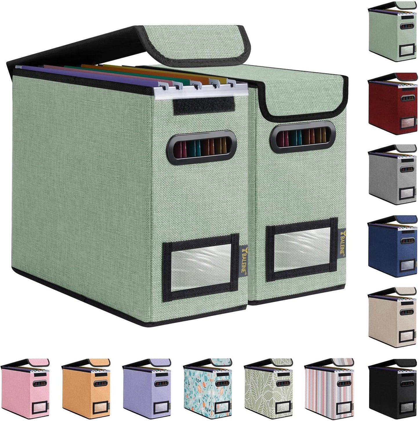 BALEINE File Organizer Box with Lid, Collapsible File Folder Organizer with Plastic Slide, Hanging File Folder Box for Office Document Storage (2 Pack, Green, S)