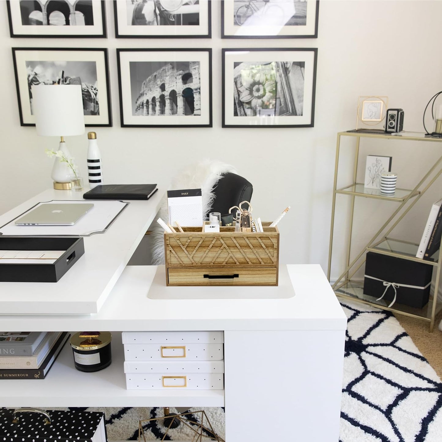 BLU MONACO Natural Wood Desktop Pen Organizer with Drawer - Stylish and Versatile Pen Holder and Stationery Organizer for Office and Art Supplies. 6 Convenient Storage Compartments and Drawer