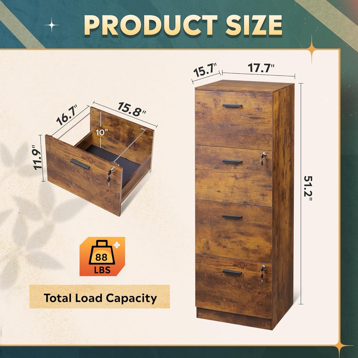 DEVAISE 4 Drawer File Cabinet with Lock, Vertical Filing Cabinet for A4/Letter Size Files, Wood Storage Organizer for Home Office, Rustic Brown