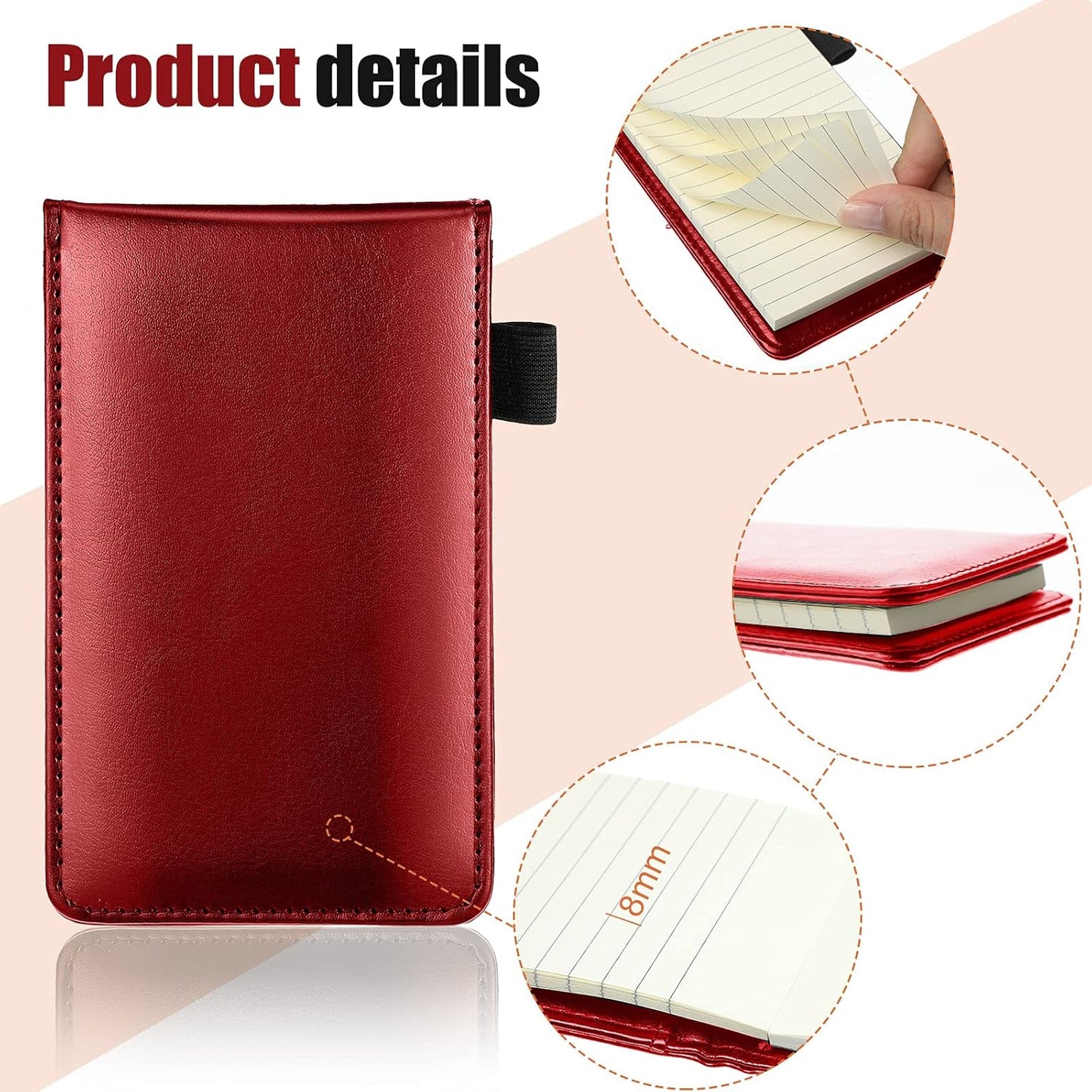 Outus 10 Pcs Pocket Notebook with Pen Set Included Mini Pocket Notepad Holder with 50 Lined Sheets, Metal Pen, 8 Pcs 3 x 5 Inch Memo Book Refills, 30 Lined Paper Per Note Pad (Red)