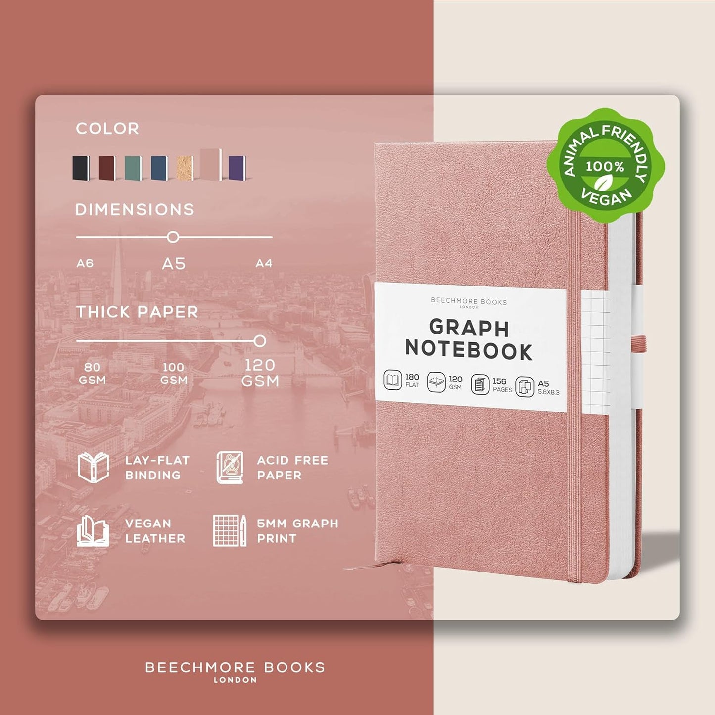 BEECHMORE BOOKS Graph Paper Notebook - Regular, Pink | Premium Square Grid Math & Science Journal | 5.75" x 8.25" Hardcover Vegan Leather | Thick 120gsm Cream Graph Paper | Gift Box for Men & Women