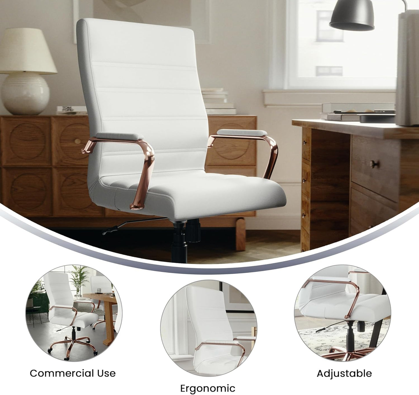 Flash Furniture Whitney High-Back Swivel LeatherSoft Desk Chair with Padded Seat and Armrests, Adjustable Height Padded LeatherSoft Office Chair, White/Rose Gold