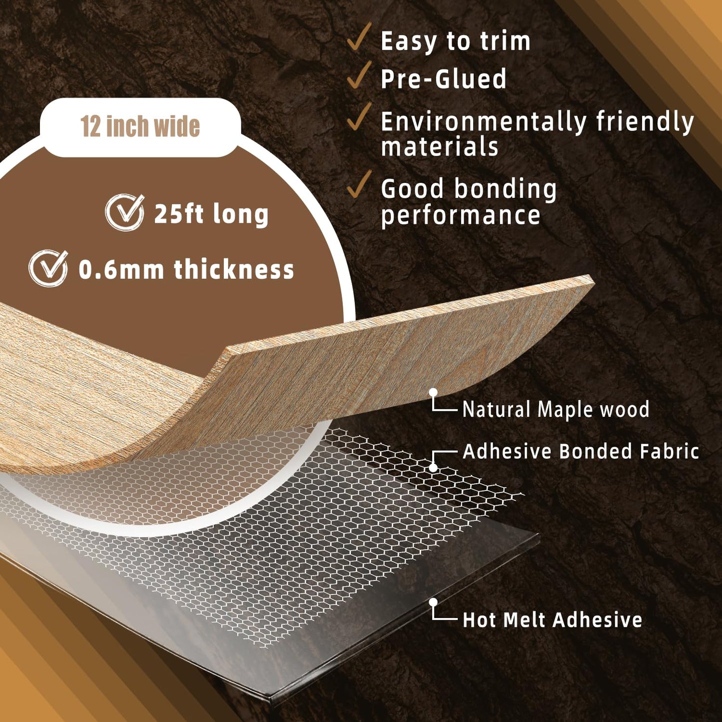 GSCIT Club Wood Veneer, 12 inch x 25ft Maple Edge Banding Preglued Flexible, Veneer Tape Banding for Cabinet Repair Furniture Restoration