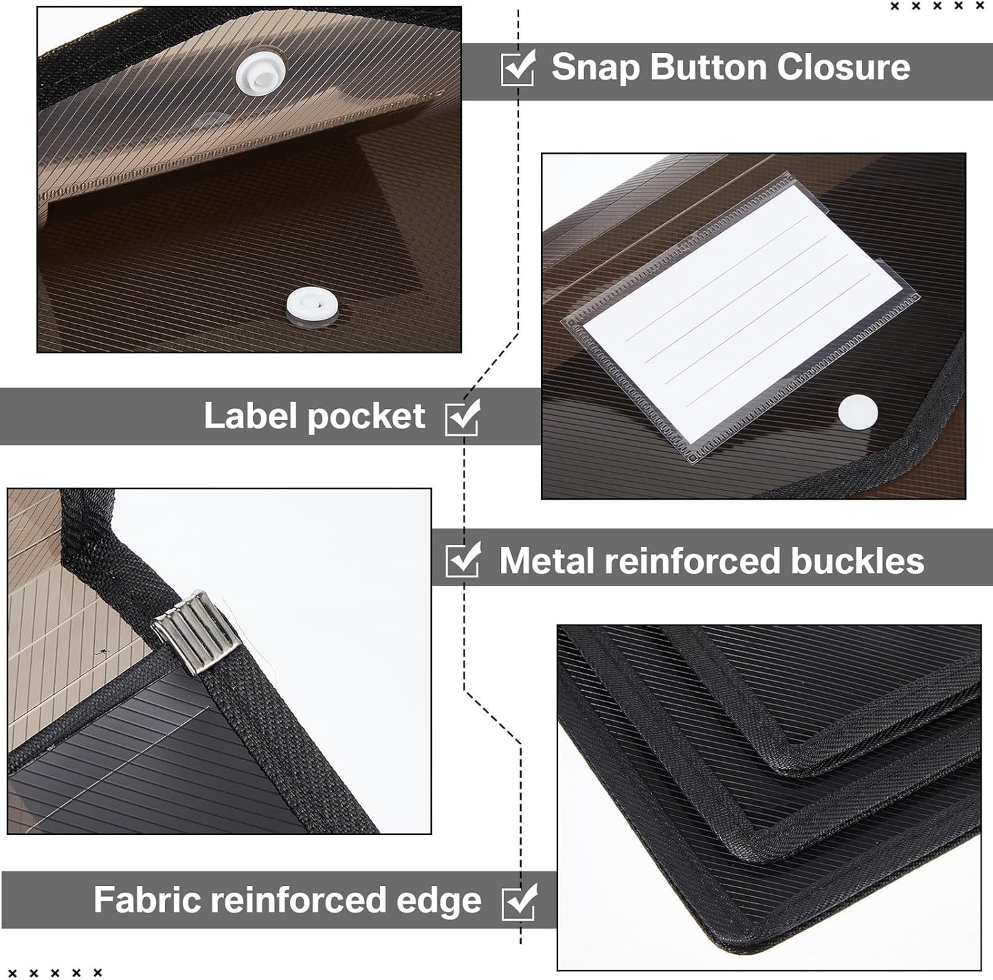 10 Pieces Plastic File Folders Envelope Expanding File Wallet Organizer Documents Folder with Snap Closure and Pocket B4 Waterproof Transparent Pouch for School Office (Black,Horizontal)