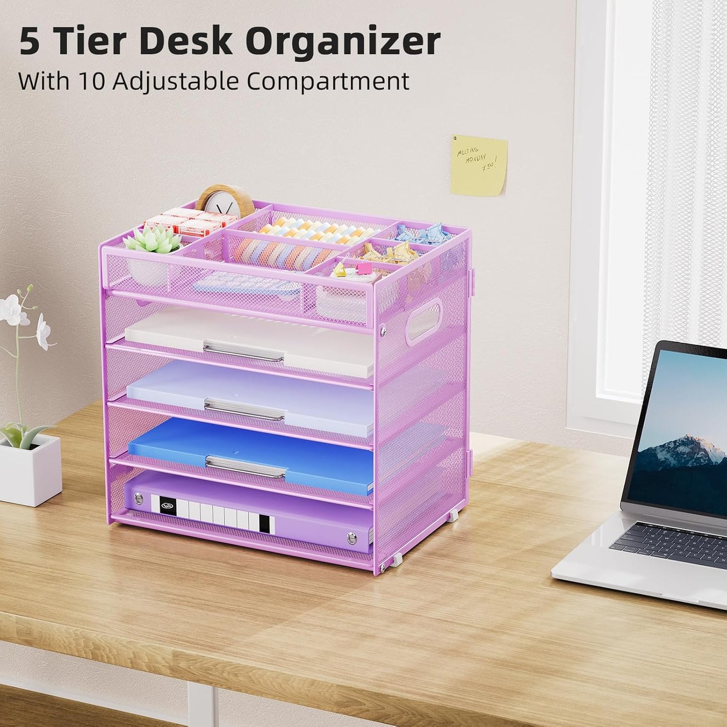 Marbrasse 5-Tier Letter Tray Paper Organizer with Handle, Multi-Functional Mesh File Organizer for Desk, Adjustable Compartments Mesh Desktop Storage for Office Supplies, Purple