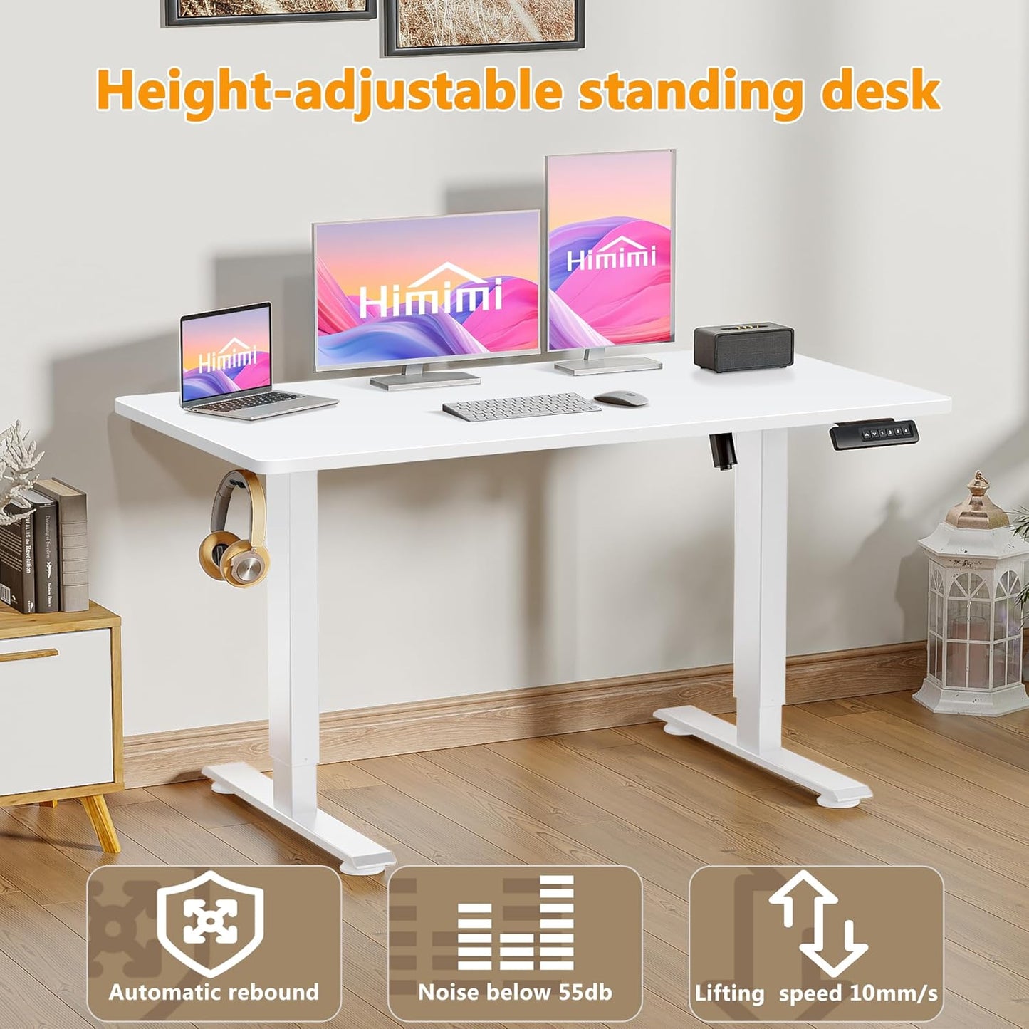 Himimi Electric Standing Desk 55 x 24 inch for Home Office,Sit-Stand Adjustable Desk with Memory Presets,Height Adjustable Desk for Gaming/Working,Free Hook, Lockable Wheels,Mouse Pad,White