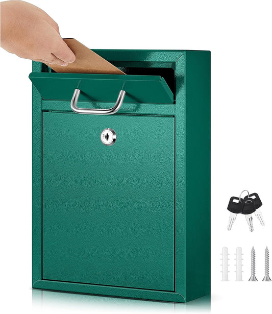Locking Mailbox with Key for Outdoor 12.2 x 8.5 x 3 Inches Large Wall Mount Mail Box with Lock Security Mail Drop Metal Collection Boxes Hanging Secure Postbox(Green)