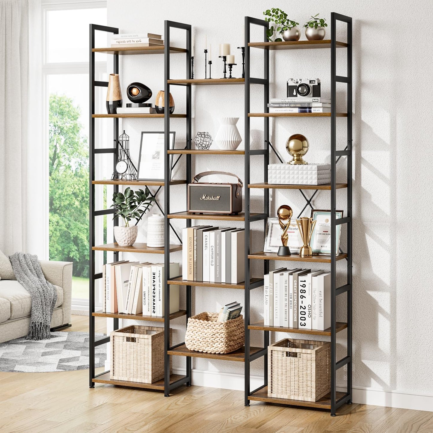 NUMENN Triple Column 6 Tier Bookshelf, Bookcase with 17 Open Display Shelves, Adjustable Rustic Industrial Style Book Shelves, Modern Bookshelves for Bedroom, Living Room and Home Office, Vintage