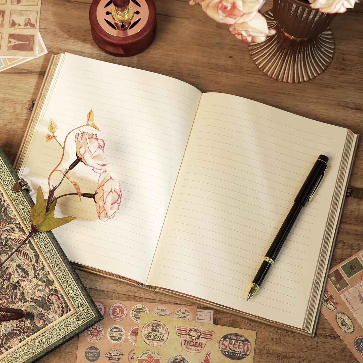 Retro 3D Happiness Tree Hot Stamp Hardcover Journal - 192 Blank Lined Pages/Envelope Pocket - Luxury Travel Diary & Commemorative Keepsake for Cherished Moments