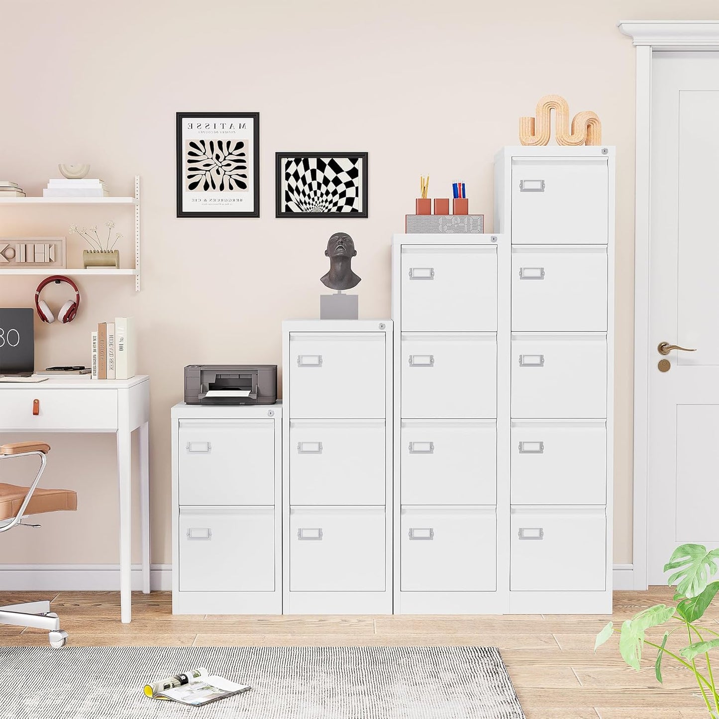 SISESOL 5 Drawer File Cabinet with Lock,Tall Vertical File Cabinet Five Drawer,15" Narrow Office Filing Cabinets,White Metal File Cabinets for Home Office,Fit A4,Legal,Letter Size,-Assembly Required