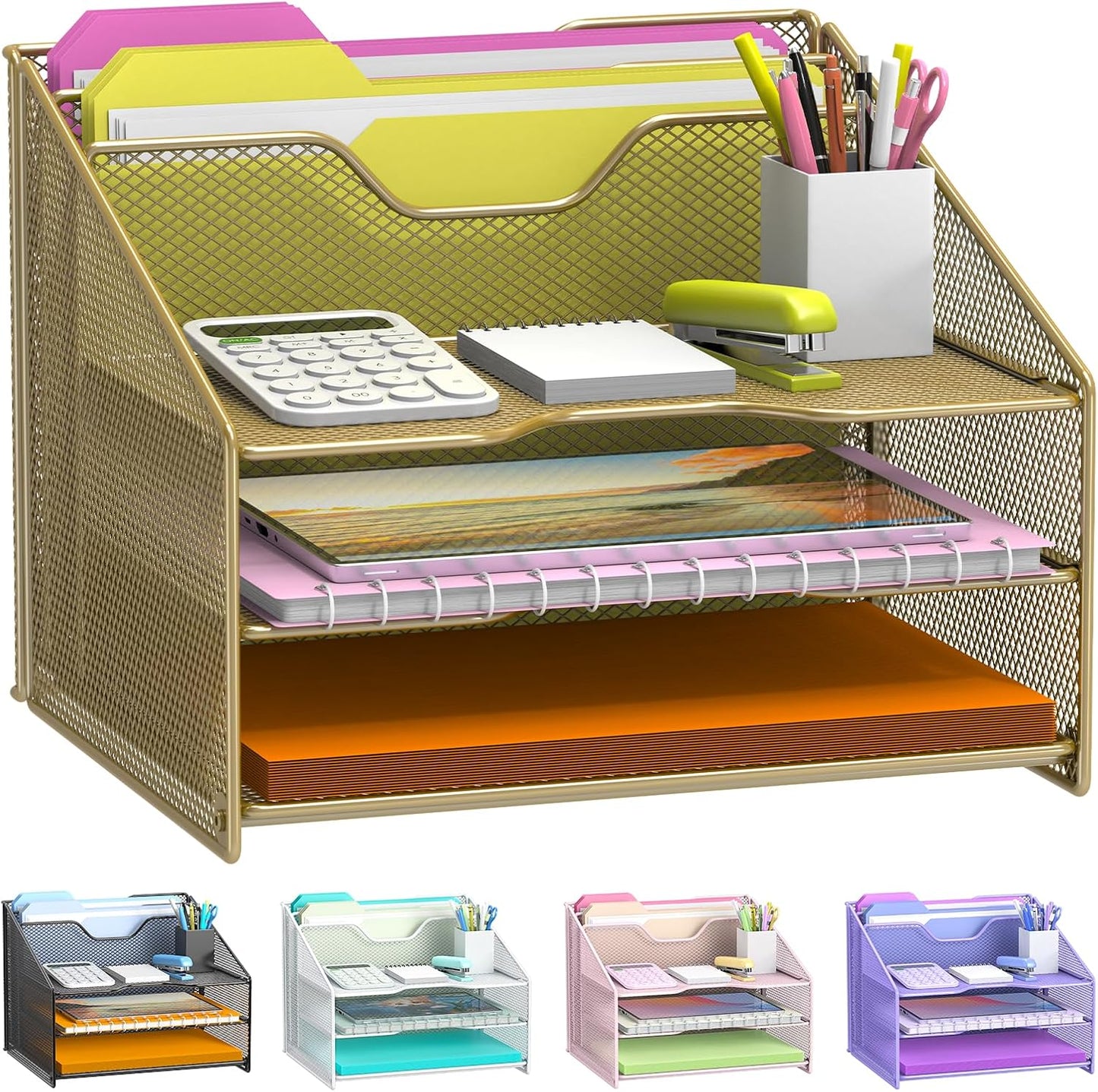 Samstar Gold Desk File Organizer, Mesh Letter File Folder Holder with 3 Paper Trays and 2 Vertical Upright Section, Gold