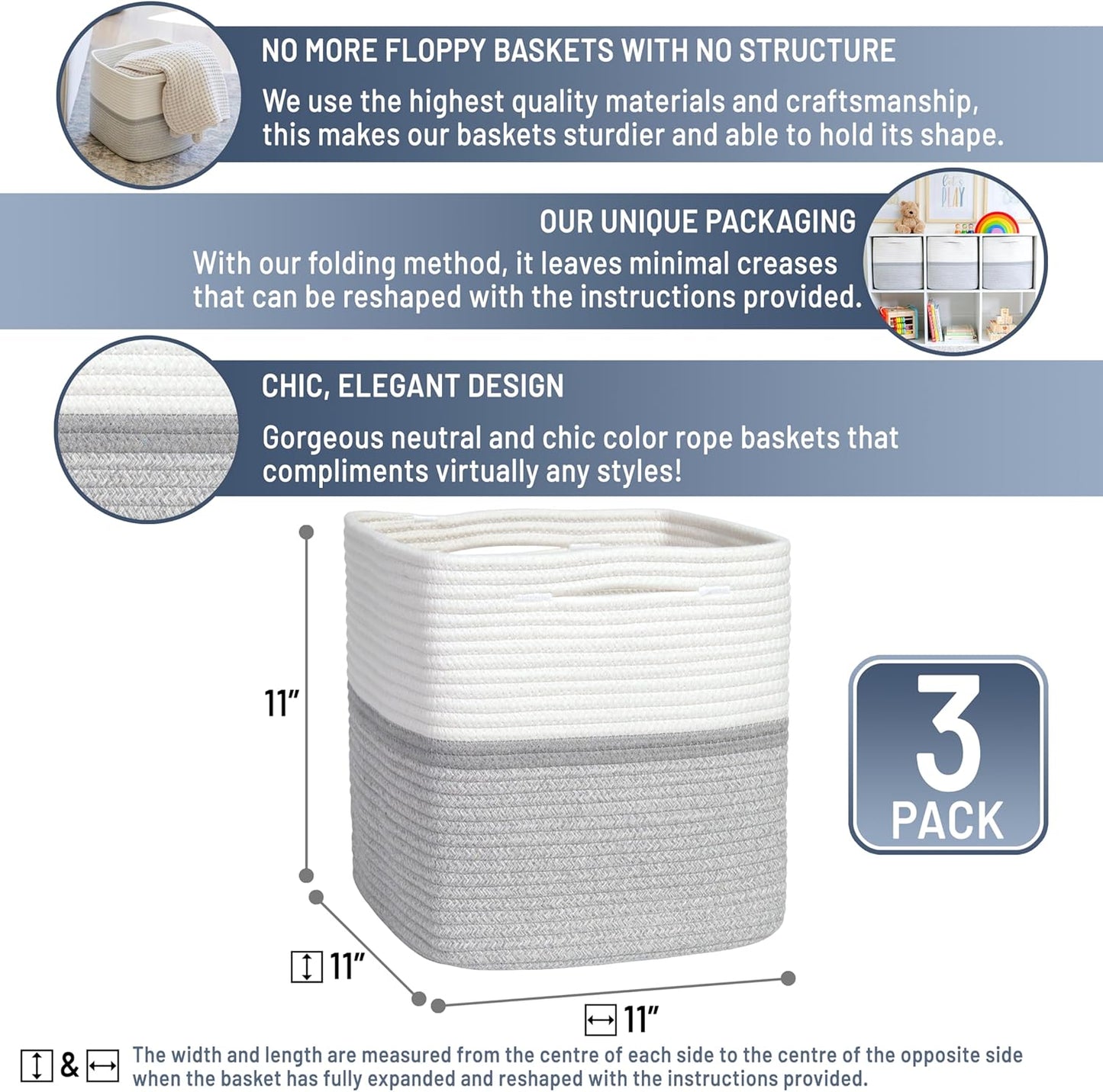 NaturalCozy Storage Cubes 11 Inch Cotton Rope Woven Baskets for Organizing, 3-Pack | Cube Storage Bin | Square Storage Baskets for Shelves Organizer, Classroom, Kids Toy Bins, Closet, Baby Nursery