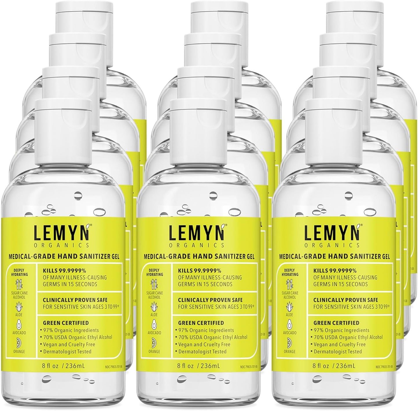Medical Grade Hand Sanitizer Gel - 97% ORGANIC - 8 FL.OZ. Flip-Top (PACK OF 12)