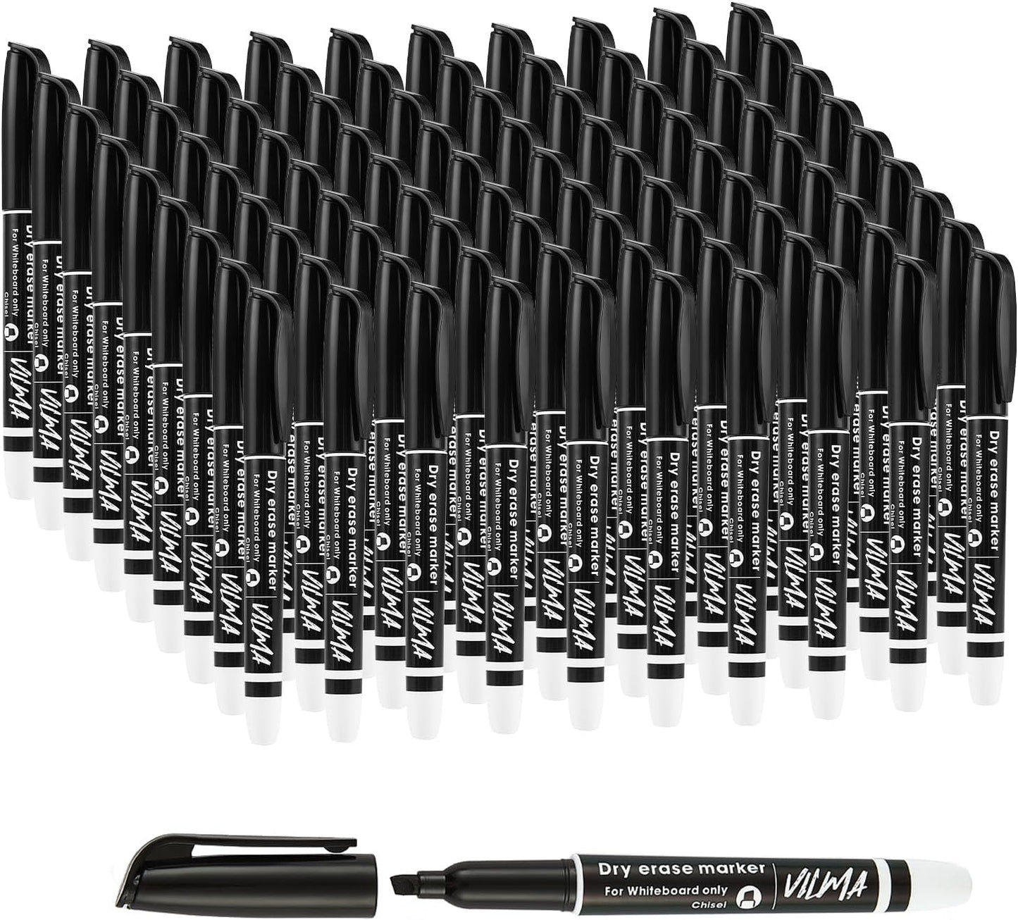 VILMA 90 Pack Black Whiteboard Markers, Dry Erase Markers with Chisel Tip, Bulk Classroom Office Supplies for White Board, School, Teachers, Kids, Non-Toxic, Low Odor