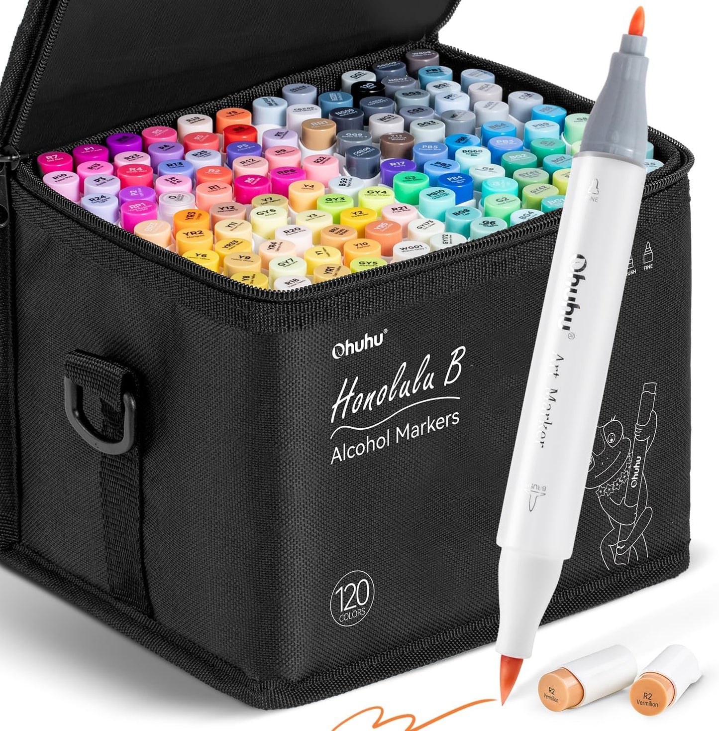 Ohuhu Alcohol Markers Brush Tip -Double Tipped Art Marker Set for Artist Adults Coloring Illustration -120 Colors -Brush &Fine -Honolulu B-Refillable