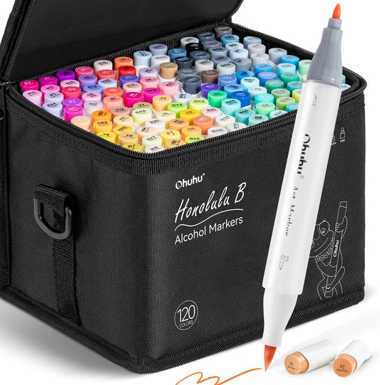 Ohuhu Alcohol Markers Brush Tip -Double Tipped Art Marker Set for Artist Adults Coloring Illustration -120 Colors -Brush &Fine -Honolulu B-Refillable