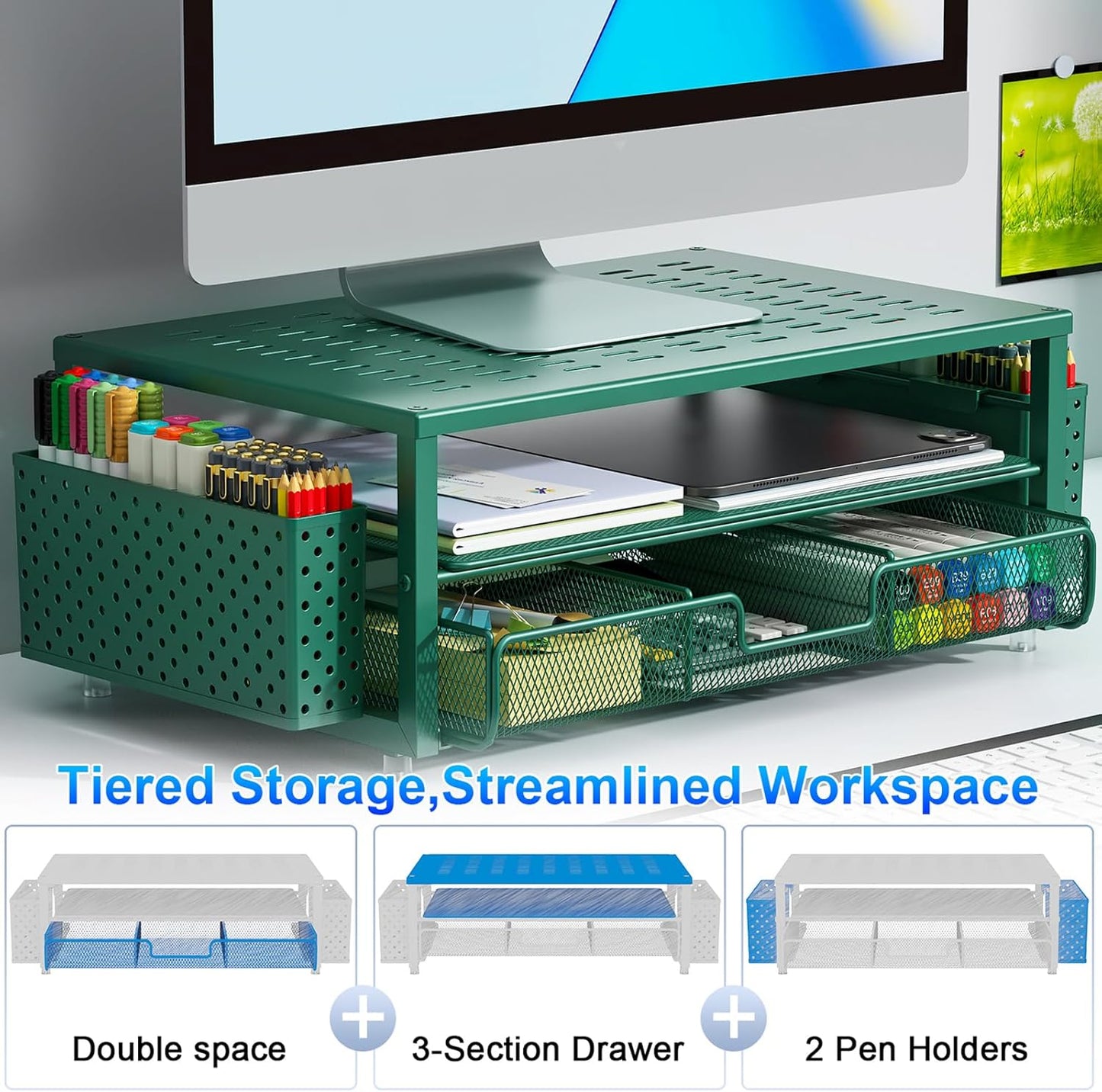 gianotter Desk Organizers and Accessories, Monitor Stand with Drawer and 2 Pen Holder, Desktop Organizer Suitable for Offices and Dormitories (Green)