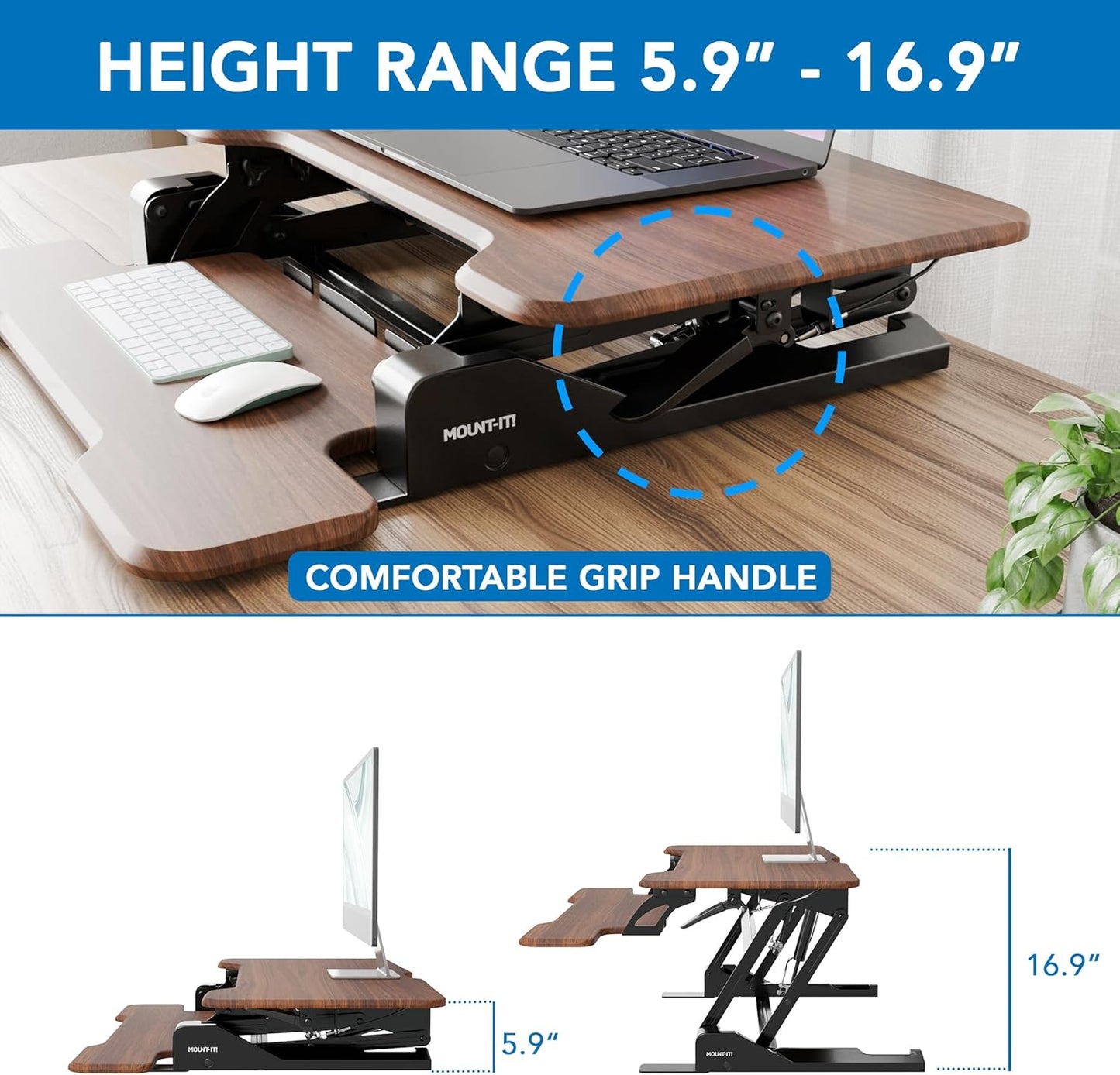 Mount-It! Height Adjustable Standing Desk Converter, Compact 30” Wide Tabletop Standing Desk Riser with Gas Spring, Desktop Stand Up Workstation with Keyboard Tray Fits Monitor or Laptop, Dark Walnut
